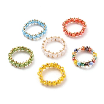 Round Glass Seed Beaded Finger Rings, with Real 18K Gold Plated Copper Wire, Mixed Color, US Size 10 3/4(20.3mm)