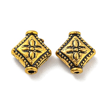 Tibetan Style Alloy Beads, Lead Free & Cadmium Free, Rhombus with Flower, Antique Golden, 10x9x4mm, Hole: 1mm, about 1136pcs/1000g