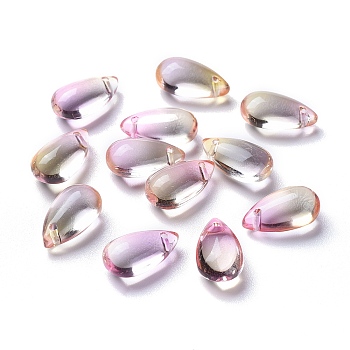 Transparent Glass Charms, Dyed & Heated, Teardrop, Pearl Pink, 13.5x8x5.5mm, Hole: 1mm