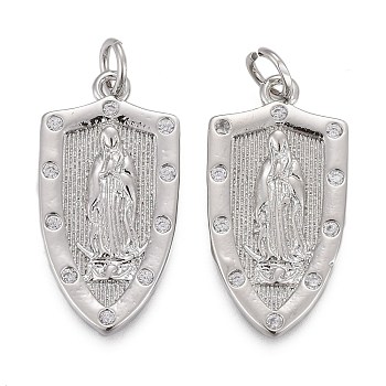 Brass Micro Pave Clear Cubic Zirconia Pendants, Lady of Guadalupe Charms, with Jump Rings, Long-Lasting Plated, for Religion, Shield with Virgin Mary, Real Platinum Plated, 24x12x2mm, Hole: 3mm
