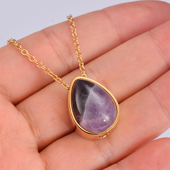 Natural Amethyst Teardrop Urn Ashes Pendant Necklace, Stainless Steel Memorial Jewelry for Women, Golden, 19.69 inch(50cm)
