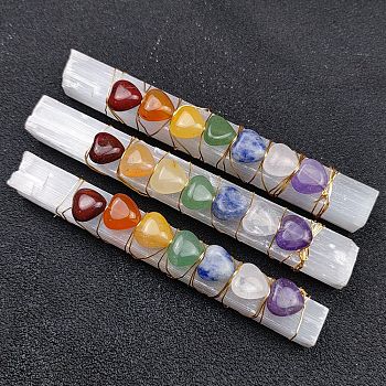 Chakra Jewelry, Natural Selenite Home Decorations, Brass Wire Wrapped Natural Gemstone Display Decorations, Rectangle, Heart Pattern, 70~100x13~20mm, Beads: 10mm