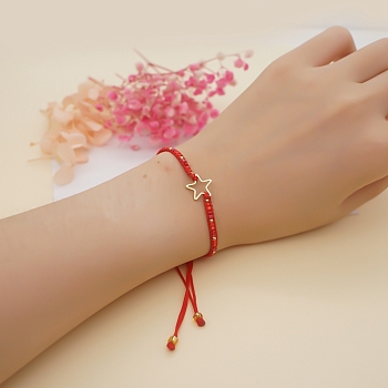 Miyuki Seed Braided Bead Bracelet with Open Star, Adjustable Friendship Bracelet for Women, Red, 11 inch(28cm)