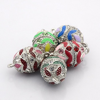 Platinum Plated Oval Alloy Enamel Magnetic Clasps with Loops, with Grade A Rhinestone, Mixed Color, 23x14mm, Hole: 2mm