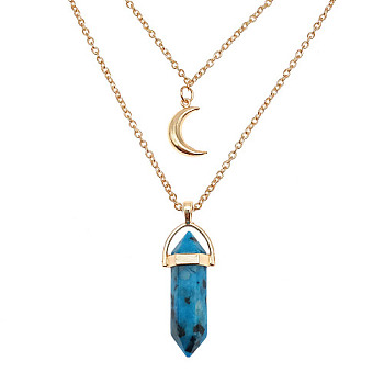 Natural Dumortierite Cone Pendant Double Layer Necklace, with Moon Charms, 19.69 inch(50cm)
