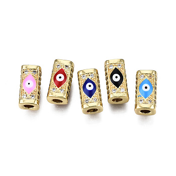 Brass Micro Pave Cubic Zirconia Beads, with Enamel, Real 18K Gold Plated, Rectangle with Evil Eye, Nickel Free, Mixed Color, 14x8x7mm, Hole: 3.5mm