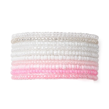 10Pcs Pink & White Rondelle Glass Seed Beaded Stretch Bracelet Sets, Stackable Bracelets for Women, Mixed Color, Inner Diameter: 2-7/8 inch(7.3cm), about 10Pcs/Set