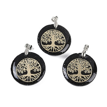 Natural Lava Rock Flat Round Pendants, Tree of Life Charms with Rack Plating Platinum Tone Brass Snap on Bails, Cadmium Free & Lead Free, 30.5~32x25~25.5x6.5~7.5mm, Hole: 4.5x3.5mm