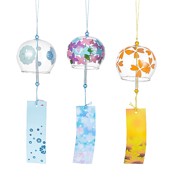 3Pcs 3 Style Glass Wind Chimes, Flower Pattern Small Wind Bells with Paper Card, Suncatcher for Garden Window Party Hanging Decors, Mixed Color, 385~400mm, 1pc/style