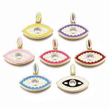 Brass Cubic Zirconia Pendants, with Enamel, Nickel Free, Eye, Real 16K Gold Plated, Mixed Color, 20x22.5x3mm, Hole: 2mm