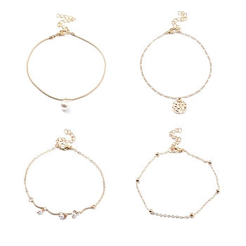4Pcs 4 Style Alloy Chain Anklets Set, Resin Pearl and Flat Round Charm Anklets for Women, Light Gold, 8.46~9.25 inch(21.5~23.5cm)
