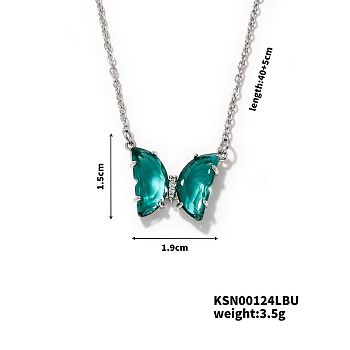 Brass Rhinestone Butterfly Pendant Necklaces for Women, Platinum, Emerald, 15.75 inch(40cm)