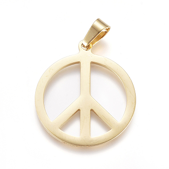 304 Stainless Steel Pendants, Large Hole Pendants, Peace Sign, Golden, 30x26x1mm, Hole: 7mm