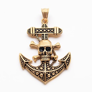 Retro Antique Golden Plated 304 Stainless Steel Anchor with Pirate Style Skull Big Pendants, 53x37.5x7mm, Hole: 5.5x8mm