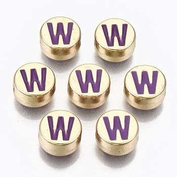 Alloy Enamel Beads, Cadmium Free & Lead Free, Flat Round with Initial Letters, Light Gold, Dark Orchid, Letter.W, 8x4mm, Hole: 1.5mm