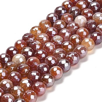 Electroplated Natural Agate Round Beads Strands, Dyed & Heated, Faceted(128 Facets), FireBrick, 8mm, Hole: 1.2mm, about 46pcs/strand, 14.96 inch(38cm)