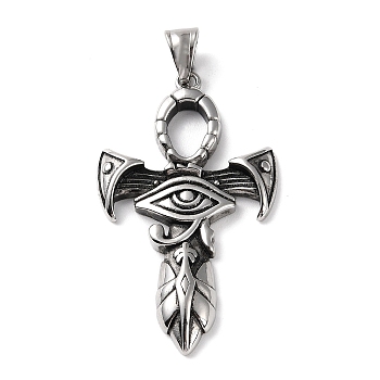 Ion Plating(IP) 304 Stainless Steel Big Pendants, Ankh Cross with Eye of Ra/Re Egypt Charm, Antique Silver, 54.5x32x5.5mm, Hole: 4x8mm