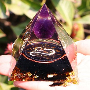 Orgonite Pyramid Resin Energy Generators, Reiki Natural Amethyst & Obsidian Chips Inside for Home Office Desk Decoration, Leo, 50x50x50mm