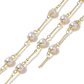 Rack Plating Brass Bar Link Chains, with Plastic Pearl Flower Beaded, Unwelded, with Card Paper, Golden, 13~14x6mm