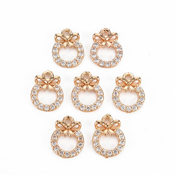 Rack Plating Brass Micro Pave Clear Cubic Zirconia Charms, Long-Lasting Plated, Cadmium Free & Lead Free, Bowknot, Light Gold, 12x9x2.5mm, Hole: 1.2mm