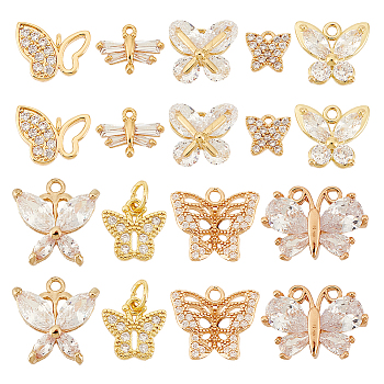 AHADERMAKER 18Pcs 9 Styles Brass Pave Clear Cubic Zirconia Pendants, Butterfly Charm, Mixed Shapes, Golden, 6~13.5x6~15x2~6mm, Hole: 0.8~3.5mm, 2pcs/style