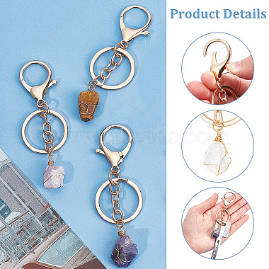 6Pcs 6 Styles Nuggets Natural Gemstone Wire Wrapped Keychain Key Ring(KEYC-NB0001-50)-4