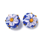 Handmade Lampwork Enamel Beads, Hand Painted Beads, Bumpy Round with Flower, Blue, 14x10.5~12mm, Hole: 1.5mm(LAMP-Z020-05E)