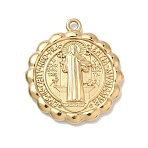 304 Stainless Steel Pendants, Flower with Saint Benedict Pattern Charm,  PVD Vacuum Plating, Real 18K Gold Plated, 24.5x22x2.5mm, Hole: 1.6mm(STAS-G371-02G-02)