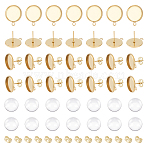 30Pcs 304 Stainless Steel Flat Round Stud Earring Settings, with Horizontal Loops & 30Pcs Ear Nuts, with 30Pcs Glass Cabochons, Golden, Tray: 12mm, 16x14x2mm, Hole: 1.8mm, Pin: 0.8mm(STAS-UN0053-09)