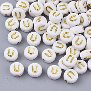 Plating Acrylic Beads, Golden Metal Enlaced, Horizontal Hole, Flat Round with Alphabet, White, Letter.U, 7x3.5mm, Hole: 1.2mm, about 3600pcs/500g(PACR-R242-01U)