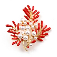 Coral Shape Alloy Brooch with Resin Pearl, Exquisite Lapel Pin for Girl Women, Golden, Red, 60x54x9mm, Pin: 0.8mm(JEWB-O009-19)