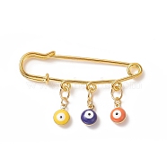 Rack Plating Brass Enamel Evil Eye Charms Safety Pin Brooch, Golden Iron Lapel Pin for Sweater Shawl Clips Waist Pants Extender, Random Color, 25~29x49~50mm(JEWB-BR00091)