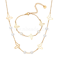 Titanium Steel Butterfly Jewelry Set, Pendnat Necklace & Link Bracelet with Plastic Pearl Beaded, Golden, 16.34 inch(41.5cm), 8-7/8 inch(22.5cm)(SJEW-AN0001-55)