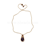 Natural Amethyst Teardrop Pendant Necklace, Adjustable Braided Wax String Choker Necklace, 31.89 inch(81cm)(NJEW-K258-03G)