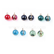 Transparent Glass Pendants, with Brass Findings, Round, Light Gold, Mixed Color, 17x13x12.5mm, Hole: 2mm(GLAA-T007-04-M)