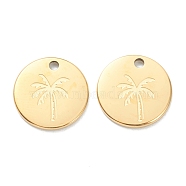 304 Stainless Steel Charms, Flat Round with Coconut Tree, Real 18K Gold Plated, 11.5x1mm, Hole: 1.5mm(STAS-P280-10G)