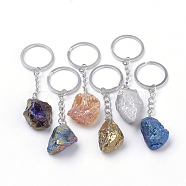 Rainbow Plated Natural Crystal Quartz Keychain, with Iron Findings, Nuggets, Platinum, Mixed Color, 86~98mm(KEYC-S252-11)