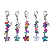 Electroplate Glass Star Pendant Decoration, Synthetic Turquoise Chips and Alloy Lobster Claw Clasps Charm, Mixed Color, 61.5mm(HJEW-JM01588)