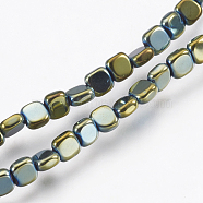 Electroplate Non-magnetic Synthetic Hematite Beads Strands, Long-Lasting Plated, Square, Green Plated, 4x4x2mm, Hole: 0.7mm, about 101pcs/strand, 15.34 inch(39cm)(X-G-I200-06F)