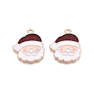 Christmas Theme Rack Plating Alloy Enamel Pendants, Cadmium Free & Lead Free, Light Gold, Santa Claus Charm, White, 23x19.5x1.5mm, Hole: 1.8mm(ENAM-T021-15KCG)