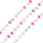 Handmade Glass Beaded Chains, Faceted, Unwelded, with 304 Stainless Steel Chains, Golden, Round, Deep Pink, 3x2.5mm(CHS-P016-46G-04)