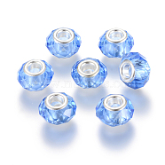 Handmade Glass European Beads, Large Hole Beads, Silver Color Brass Core, Blue, 14x8mm, Hole: 5mm(GPDL25Y-22)