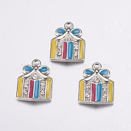 Alloy Enamel Pendants, Cadmium Free & Lead Free, with Rhinestone,  for Christmas, Platinum, Colorful, about 14mm wide, 19mm long, 2mm thick, hole: 2mm(E1206)