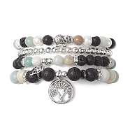 4Pcs 4 Styles 6/8mm Round Natural Lava Rock & Flower Amazonite & Shell Pearl Beaded Stackable Stretch Bracelet Sets, Leaf & Tree Charm Bracelets for Women Men, Mixed Color, Inner Diameter: 2-1/8 inch(5.3cm), 1pc/style(BJEW-JB10333)