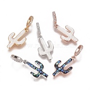 Brass Micro Pave Cubic Zirconia Pendants, with Shell, Cactus, Mixed Color, 21x11.5x2mm, Hole: 4x5.5mm(BSHE-F012-22)