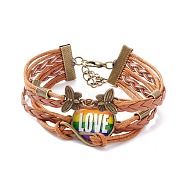 Rainbow Pride Bracelet, Love Word Flat Round & Butterfly Links Multi-strand Bracelet for Men Women, Chocolate, Word, 7-1/4 inch(18.5cm)(BJEW-F426-01K)