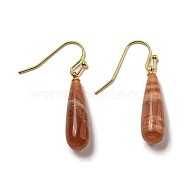 Ion Plating(IP) Natural Sunstone Dangle Earring, with Brass Earring Hook, Teardrop, 34~36x7~7.5mm(EJEW-C084-01G-07)