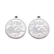 201 Stainless Steel Pendants, Flat Round with Twelve Constellation, Laser Cut, Stainless Steel Color, Virgo, 25x22x1.5mm, Hole: 2mm(STAS-R106-06)