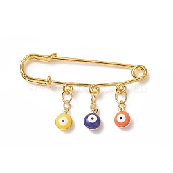 Rack Plating Brass Enamel Evil Eye Charms Safety Pin Brooch, Golden Iron Lapel Pin for Sweater Shawl Clips Waist Pants Extender, Random Color, 25~29x49~50mm(JEWB-BR00091)