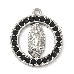 304 Stainless Steel & Rhinestone Pendants, Ring with Virgin Mary Charm, Jet, Stainless Steel Color, 22.5x20x2.5mm, Hole: 1.5mm(STAS-G371-09C-02P)